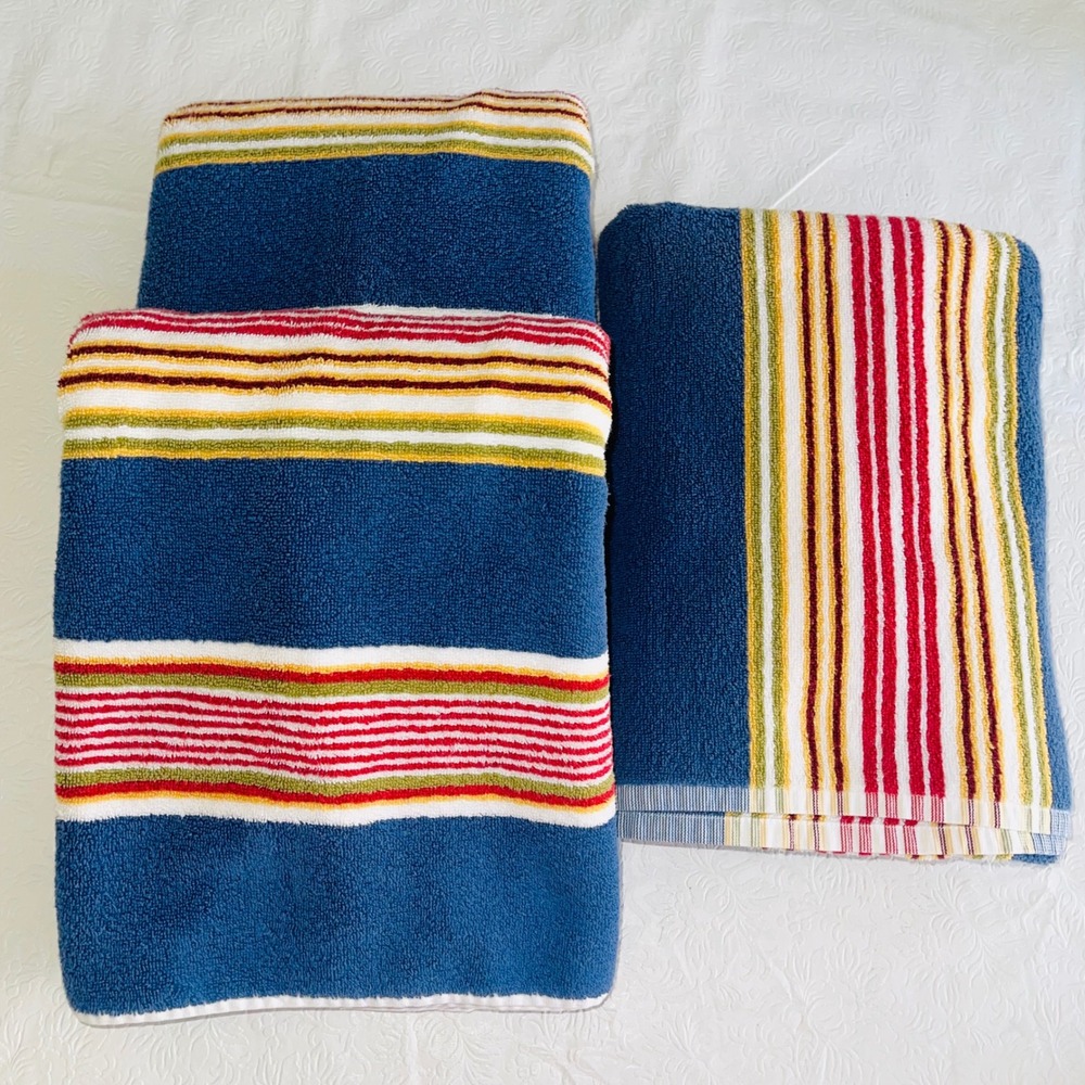 Pottery Barn Beach Towel Set of 3 28x55 Blue Red Yellow Striped 100% Cotton